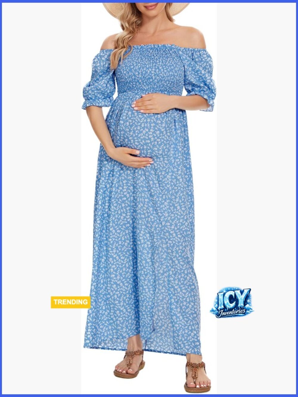 Floral Maternity Maxi Dress Square Neck Puff Sleeve Smocked Boho
